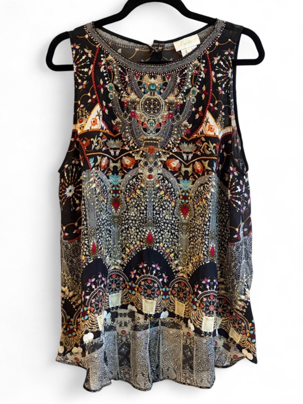 Camilla Embellished Crystal Rhinestone Silk Boho Pattern Sleeveless Shirt Top